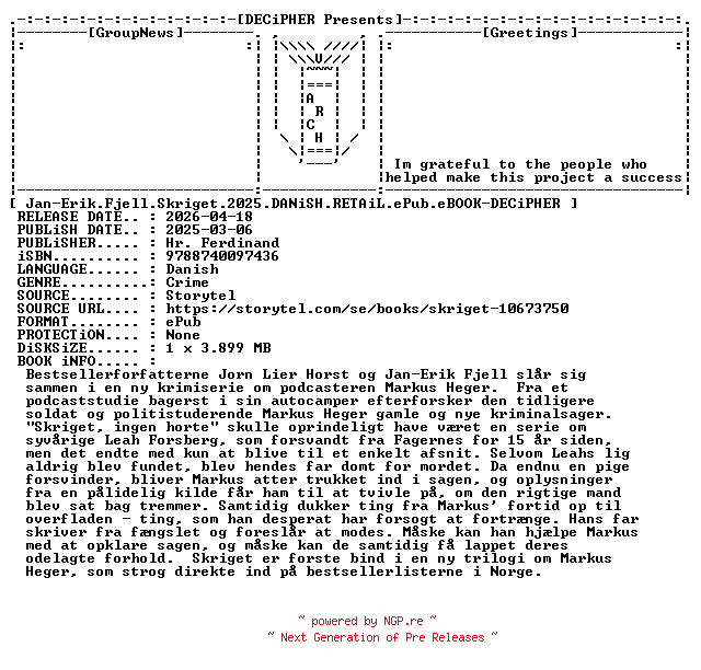 NFO for the release Jan.Erik.Fjell.Skriget.2025.DANiSH.RETAiL.ePub.eBOOK-DECiPHER by DECiPHER