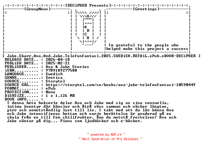 NFO for the release Jake.Skarr.Ava.And.Jake.Telefonfantasi.2025.SWEDiSH.RETAiL.ePub.eBOOK-DECiPHER by DECiPHER