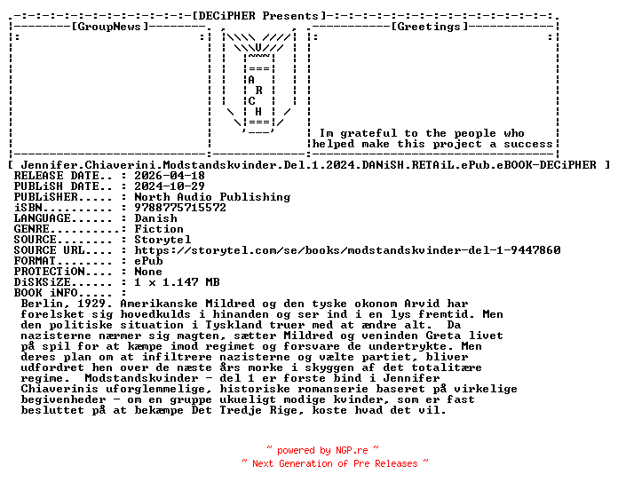 NFO for the release Jennifer.Chiaverini.Modstandskvinder.Del.1.2024.DANiSH.RETAiL.ePub.eBOOK-DECiPHER by DECiPHER