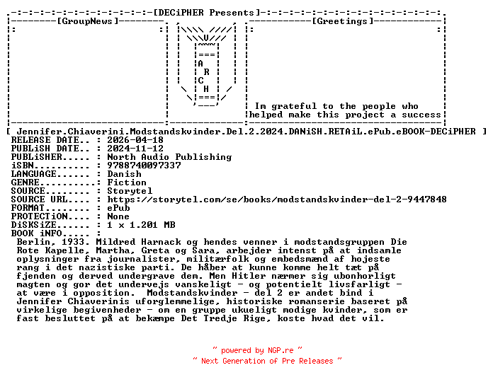 NFO for the release Jennifer.Chiaverini.Modstandskvinder.Del.2.2024.DANiSH.RETAiL.ePub.eBOOK-DECiPHER by DECiPHER