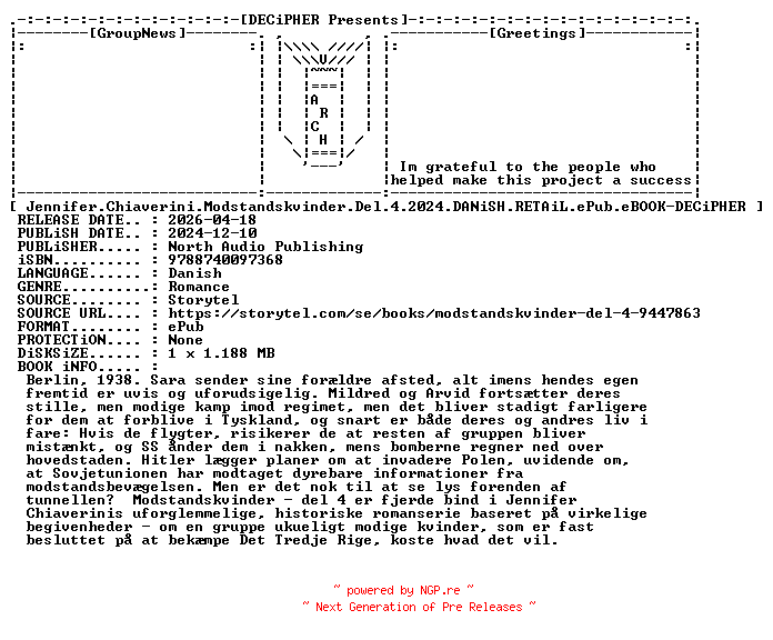 NFO for the release Jennifer.Chiaverini.Modstandskvinder.Del.4.2024.DANiSH.RETAiL.ePub.eBOOK-DECiPHER by DECiPHER