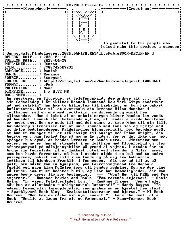 NFO for the release Jenny.Hale.Mindelageret.2025.DANiSH.RETAiL.ePub.eBOOK-DECiPHER by DECiPHER