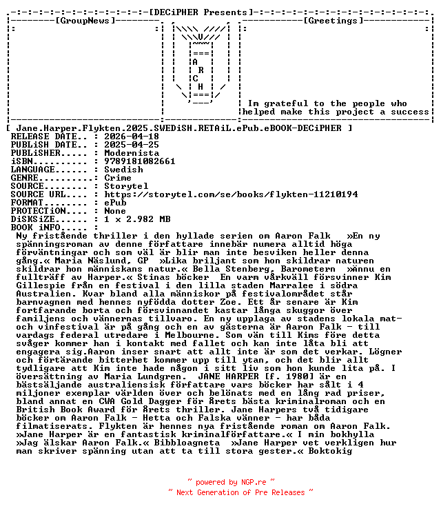 NFO for the release Jane.Harper.Flykten.2025.SWEDiSH.RETAiL.ePub.eBOOK-DECiPHER by DECiPHER