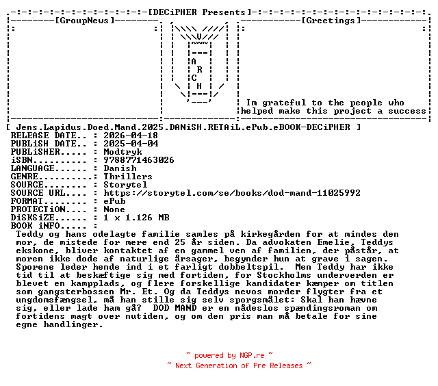 NFO for the release Jens.Lapidus.Doed.Mand.2025.DANiSH.RETAiL.ePub.eBOOK-DECiPHER by DECiPHER