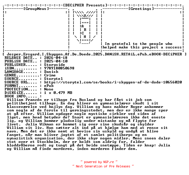 NFO for the release Jesper.Ersgard.I.Skyggen.Af.De.Doede.2025.DANiSH.RETAiL.ePub.eBOOK-DECiPHER by DECiPHER