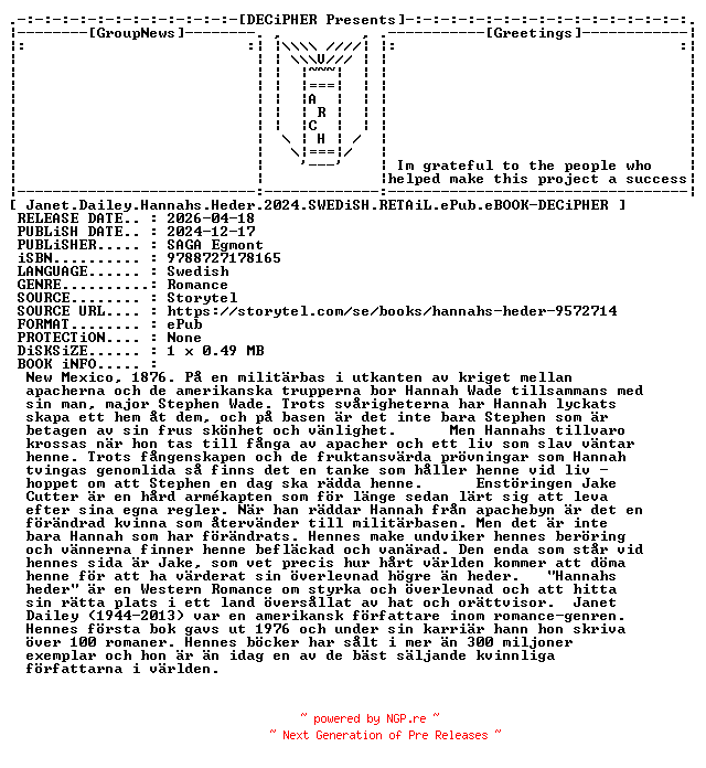 NFO for the release Janet.Dailey.Hannahs.Heder.2024.SWEDiSH.RETAiL.ePub.eBOOK-DECiPHER by DECiPHER