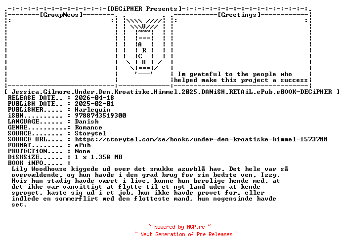 NFO for the release Jessica.Gilmore.Under.Den.Kroatiske.Himmel.2025.DANiSH.RETAiL.ePub.eBOOK-DECiPHER by DECiPHER