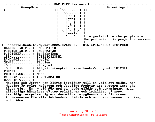 NFO for the release Jeanette.Semb.En.Ny.Var.2025.SWEDiSH.RETAiL.ePub.eBOOK-DECiPHER by DECiPHER
