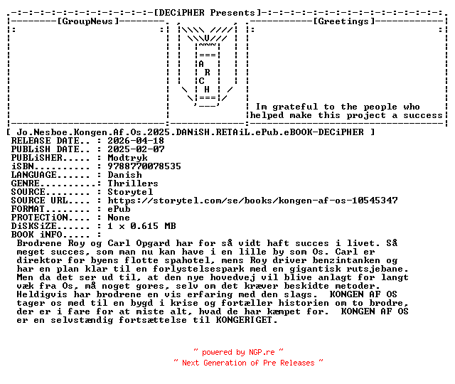 NFO for the release Jo.Nesboe.Kongen.Af.Os.2025.DANiSH.RETAiL.ePub.eBOOK-DECiPHER by DECiPHER