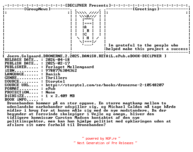 NFO for the release Joern.Solgaard.Dronerne.2.2025.DANiSH.RETAiL.ePub.eBOOK-DECiPHER by DECiPHER
