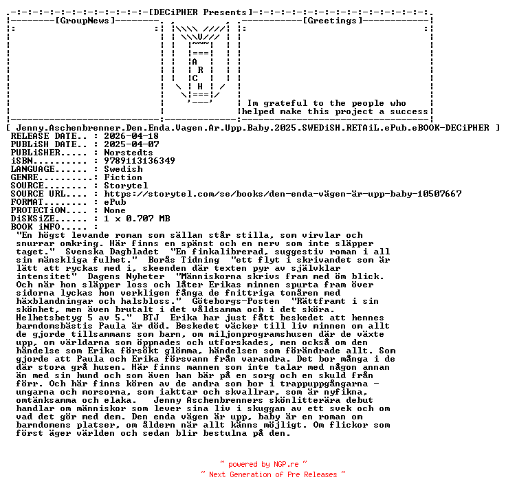 NFO for the release Jenny.Aschenbrenner.Den.Enda.Vagen.Ar.Upp.Baby.2025.SWEDiSH.RETAiL.ePub.eBOOK-DECiPHER by DECiPHER