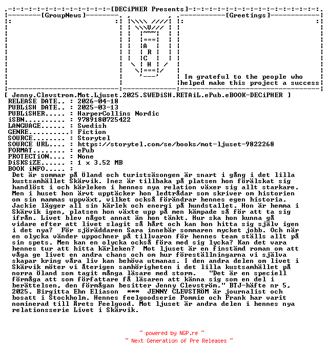 NFO for the release Jenny.Clevstrom.Mot.Ljuset.2025.SWEDiSH.RETAiL.ePub.eBOOK-DECiPHER by DECiPHER
