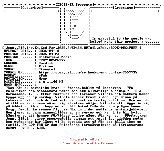 NFO for the release Jenny.Elfving.En.God.Far.2025.SWEDiSH.RETAiL.ePub.eBOOK-DECiPHER by DECiPHER