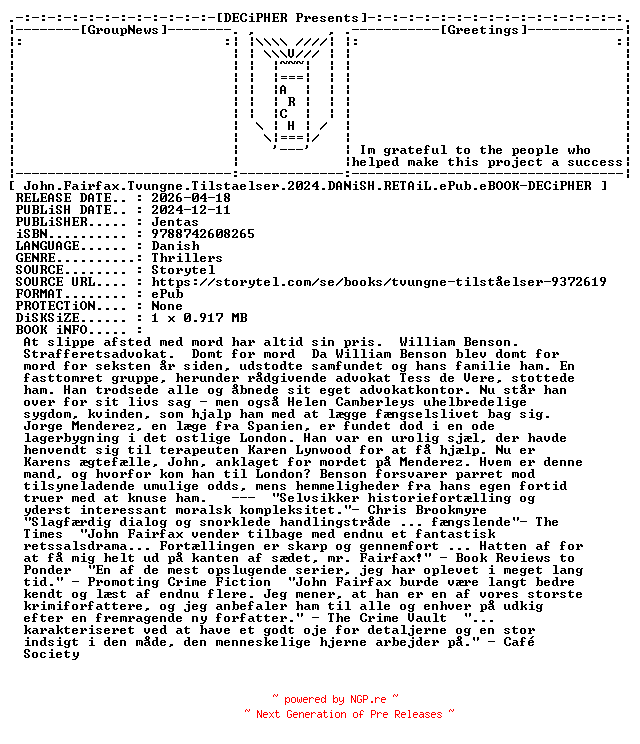 NFO for the release John.Fairfax.Tvungne.Tilstaelser.2024.DANiSH.RETAiL.ePub.eBOOK-DECiPHER by DECiPHER