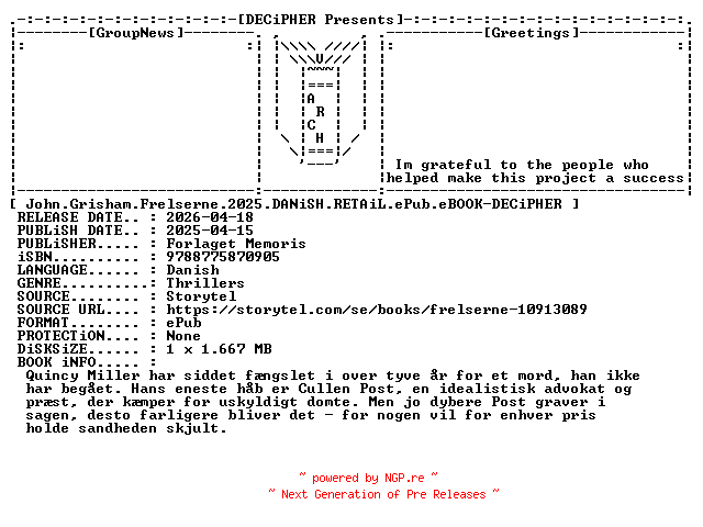 NFO for the release John.Grisham.Frelserne.2025.DANiSH.RETAiL.ePub.eBOOK-DECiPHER by DECiPHER