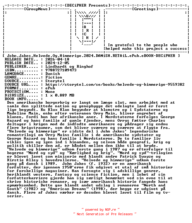 NFO for the release John.Jakes.Helvede.Og.Himmerige.2024.DANiSH.RETAiL.ePub.eBOOK-DECiPHER by DECiPHER