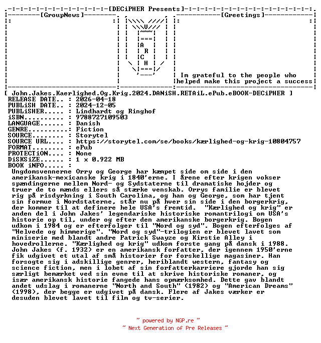 NFO for the release John.Jakes.Kaerlighed.Og.Krig.2024.DANiSH.RETAiL.ePub.eBOOK-DECiPHER by DECiPHER