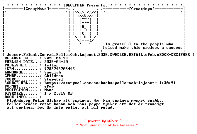 NFO for the release Jesper.Felumb.Conrad.Pelle.Och.Lejonet.2025.SWEDiSH.RETAiL.ePub.eBOOK-DECiPHER by DECiPHER