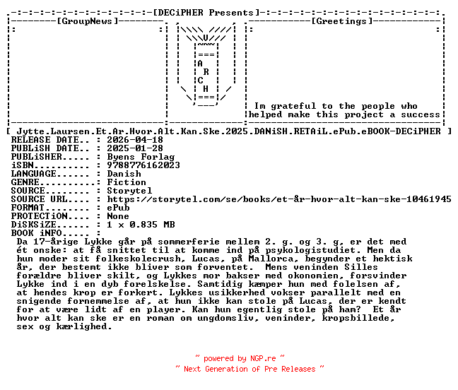 NFO for the release Jytte.Laursen.Et.Ar.Hvor.Alt.Kan.Ske.2025.DANiSH.RETAiL.ePub.eBOOK-DECiPHER by DECiPHER