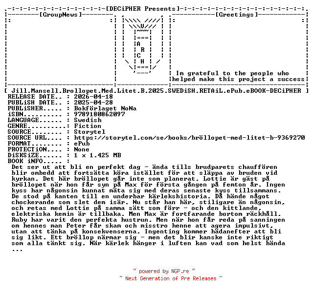 NFO for the release Jill.Mansell.Brollopet.Med.Litet.B.2025.SWEDiSH.RETAiL.ePub.eBOOK-DECiPHER by DECiPHER