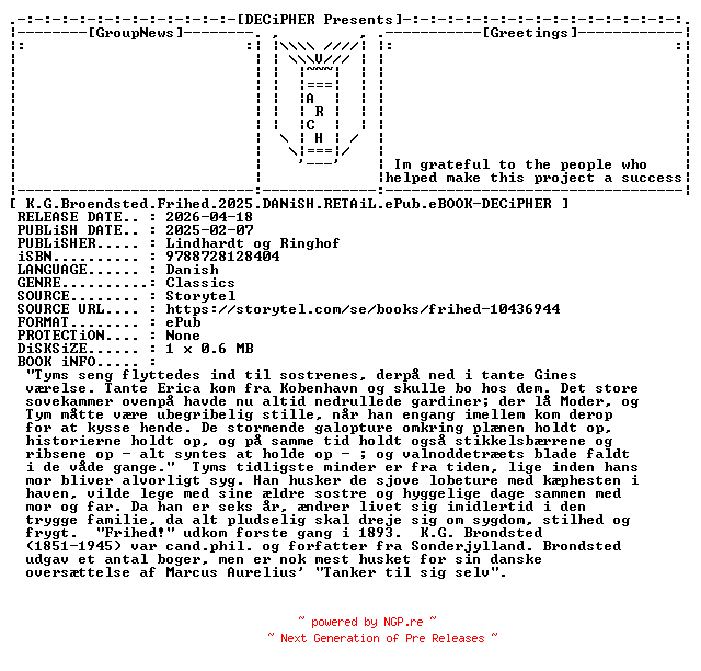NFO for the release K.G.Broendsted.Frihed.2025.DANiSH.RETAiL.ePub.eBOOK-DECiPHER by DECiPHER