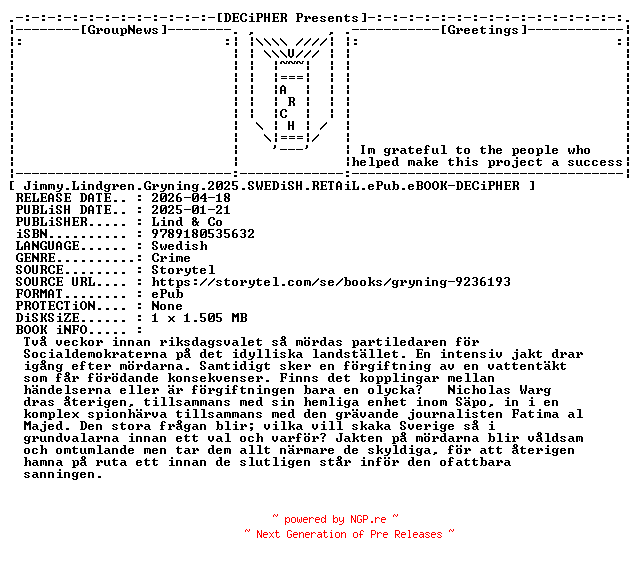 NFO for the release Jimmy.Lindgren.Gryning.2025.SWEDiSH.RETAiL.ePub.eBOOK-DECiPHER by DECiPHER