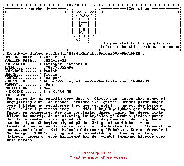 NFO for the release Kaja.Nylund.Forenet.2024.DANiSH.RETAiL.ePub.eBOOK-DECiPHER by DECiPHER