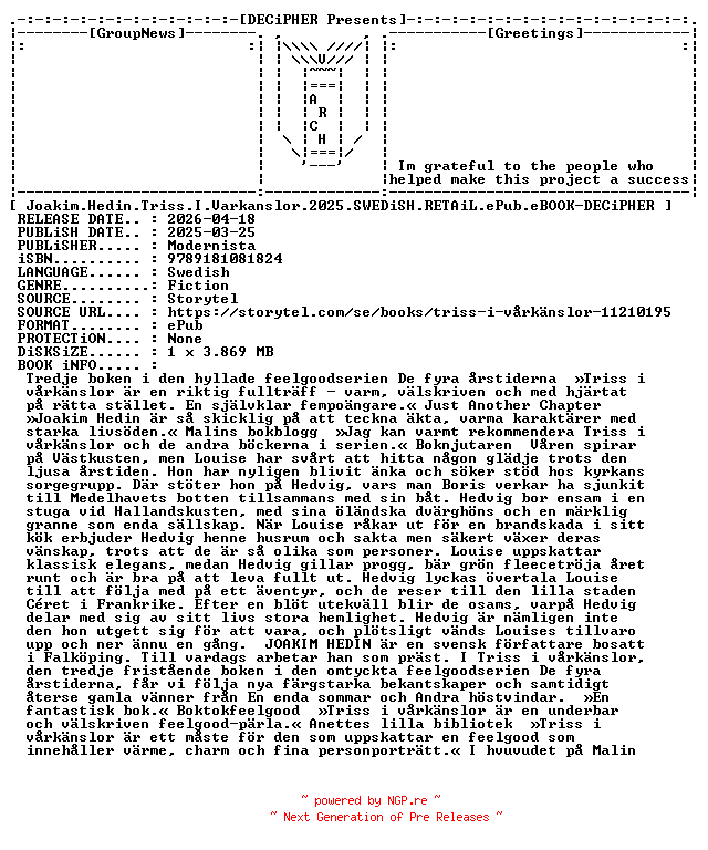 NFO for the release Joakim.Hedin.Triss.I.Varkanslor.2025.SWEDiSH.RETAiL.ePub.eBOOK-DECiPHER by DECiPHER