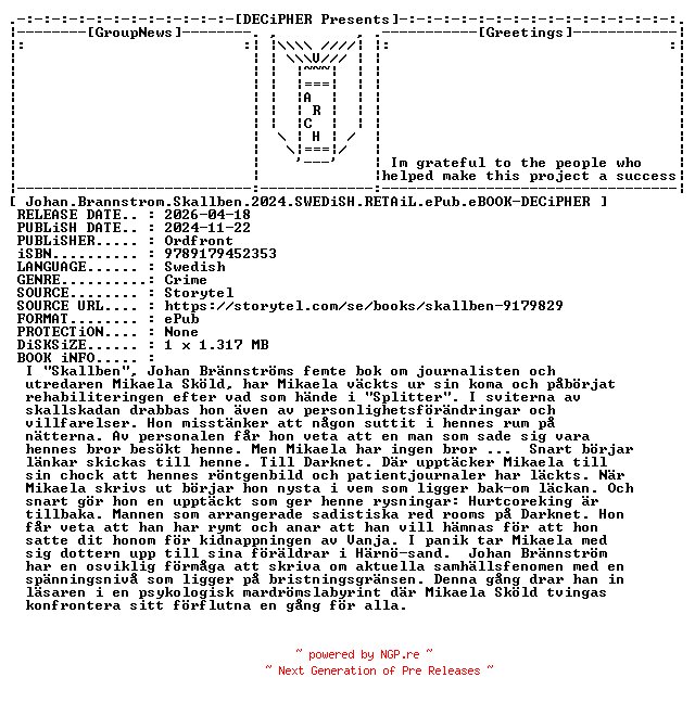 NFO for the release Johan.Brannstrom.Skallben.2024.SWEDiSH.RETAiL.ePub.eBOOK-DECiPHER by DECiPHER