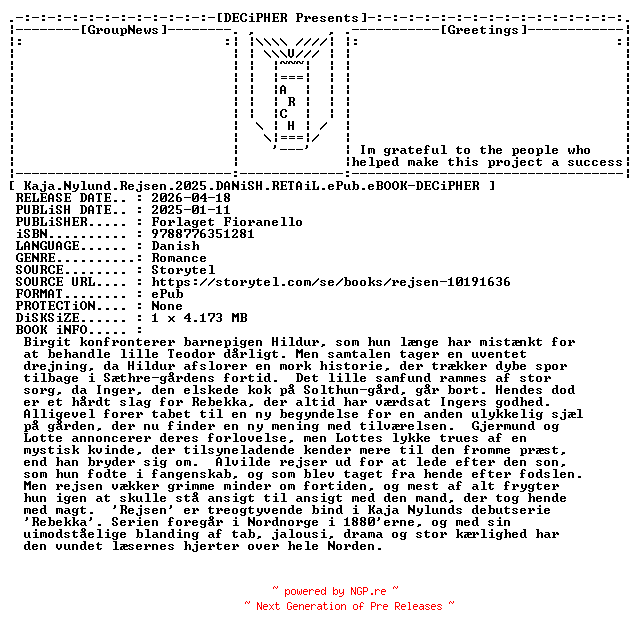 NFO for the release Kaja.Nylund.Rejsen.2025.DANiSH.RETAiL.ePub.eBOOK-DECiPHER by DECiPHER