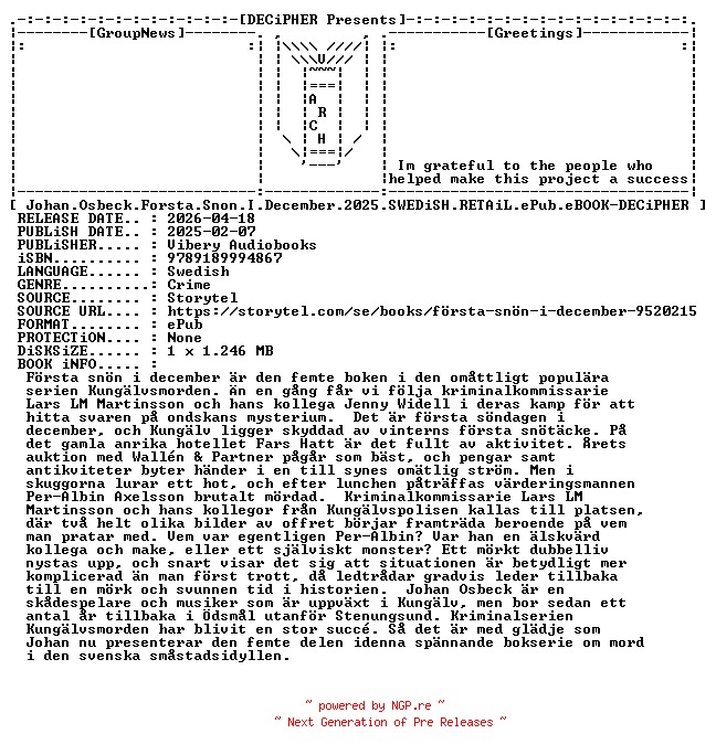 NFO for the release Johan.Osbeck.Forsta.Snon.I.December.2025.SWEDiSH.RETAiL.ePub.eBOOK-DECiPHER by DECiPHER