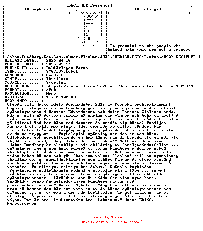 NFO for the release Johan.Rundberg.Den.Som.Vaktar.Flocken.2025.SWEDiSH.RETAiL.ePub.eBOOK-DECiPHER by DECiPHER