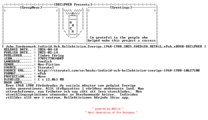 NFO for the release John.Swedenmark.Individ.Och.Kollektivism.Sverige.1968-1988.2025.SWEDiSH.RETAiL.ePub.eBOOK-DECiPHER by DECiPHER