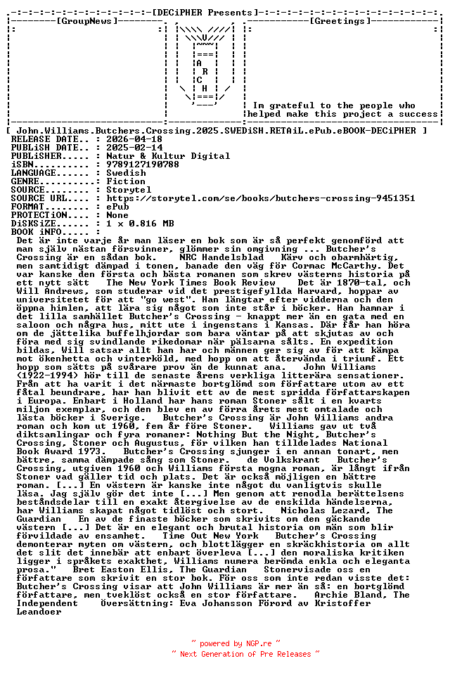 NFO for the release John.Williams.Butchers.Crossing.2025.SWEDiSH.RETAiL.ePub.eBOOK-DECiPHER by DECiPHER