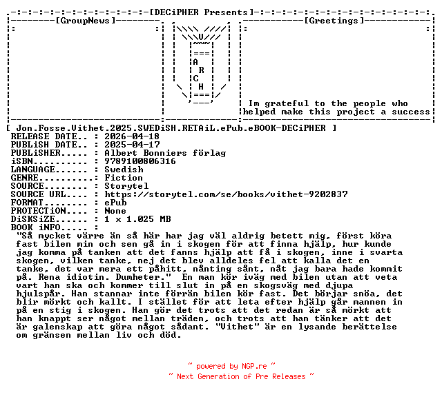 NFO for the release Jon.Fosse.Vithet.2025.SWEDiSH.RETAiL.ePub.eBOOK-DECiPHER by DECiPHER