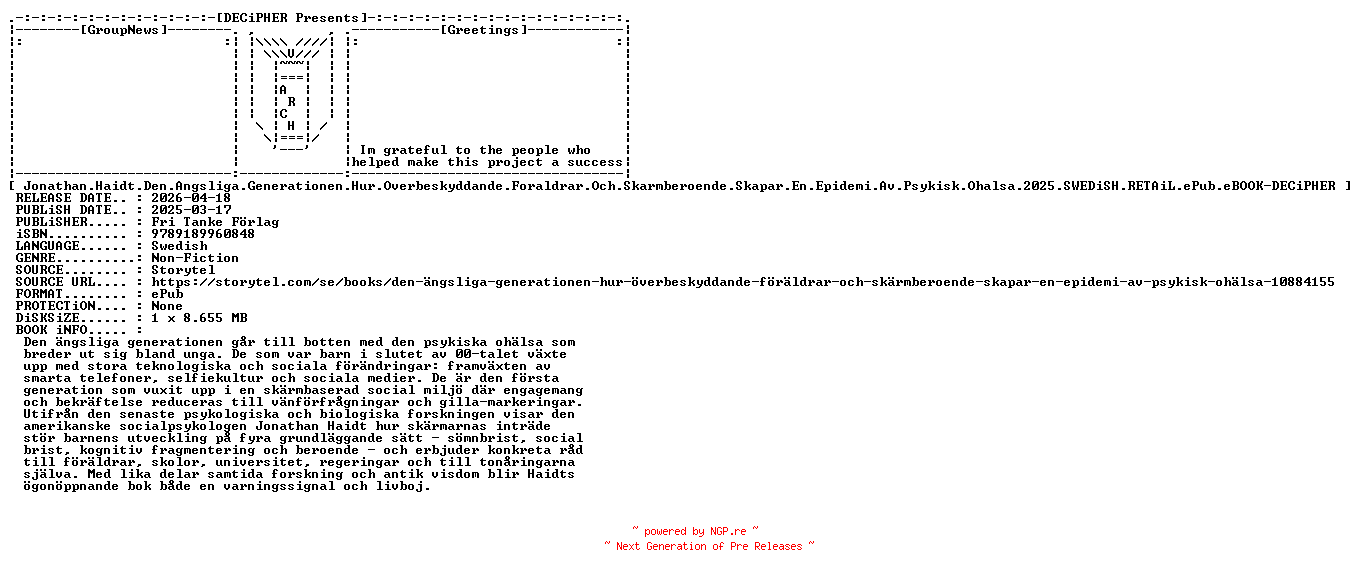NFO for the release Jonathan.Haidt.Den.Angsliga.Generationen.Hur.Overbeskyddande.Foraldrar.Och.Skarmberoende.Skapar.En.Epidemi.Av.Psykisk.Ohalsa.2025.SWEDiSH.RETAiL.ePub.eBOOK-DECiPHER by DECiPHER