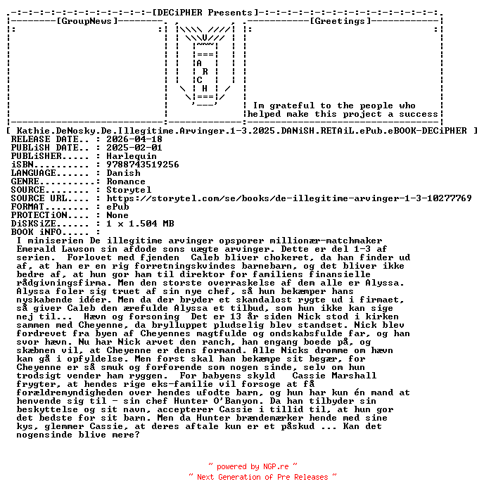 NFO for the release Kathie.DeNosky.De.Illegitime.Arvinger.1-3.2025.DANiSH.RETAiL.ePub.eBOOK-DECiPHER by DECiPHER