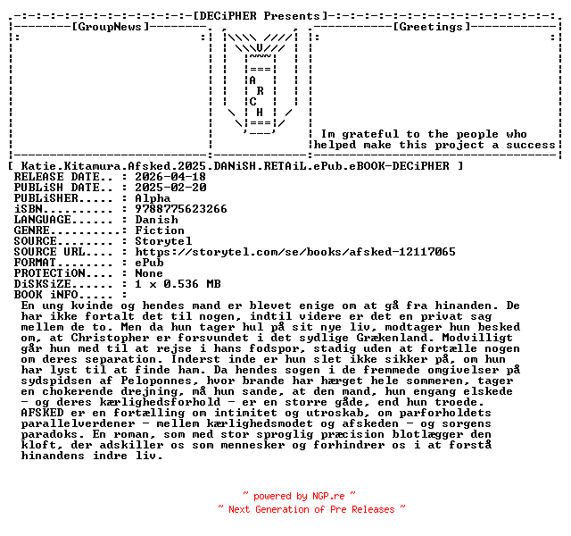 NFO for the release Katie.Kitamura.Afsked.2025.DANiSH.RETAiL.ePub.eBOOK-DECiPHER by DECiPHER
