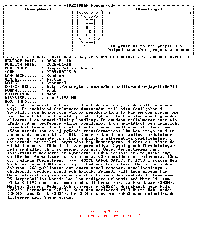 NFO for the release Joyce.Carol.Oates.Ditt.Andra.Jag.2025.SWEDiSH.RETAiL.ePub.eBOOK-DECiPHER by DECiPHER