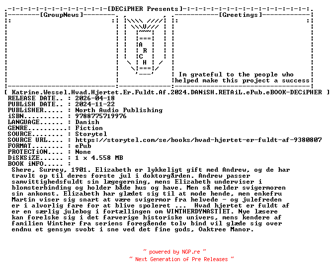 NFO for the release Katrine.Wessel.Hvad.Hjertet.Er.Fuldt.Af.2024.DANiSH.RETAiL.ePub.eBOOK-DECiPHER by DECiPHER
