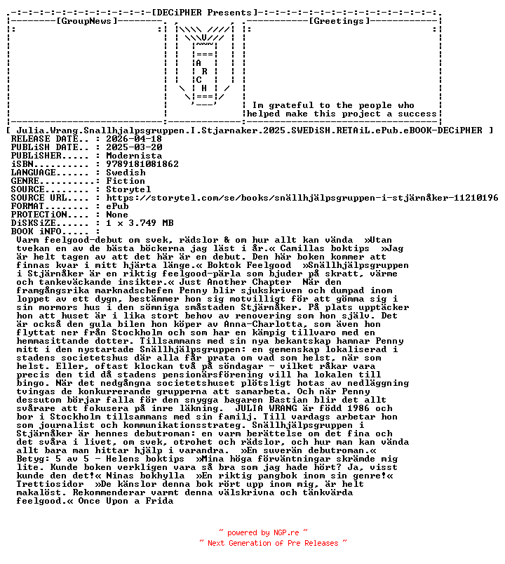 NFO for the release Julia.Wrang.Snallhjalpsgruppen.I.Stjarnaker.2025.SWEDiSH.RETAiL.ePub.eBOOK-DECiPHER by DECiPHER