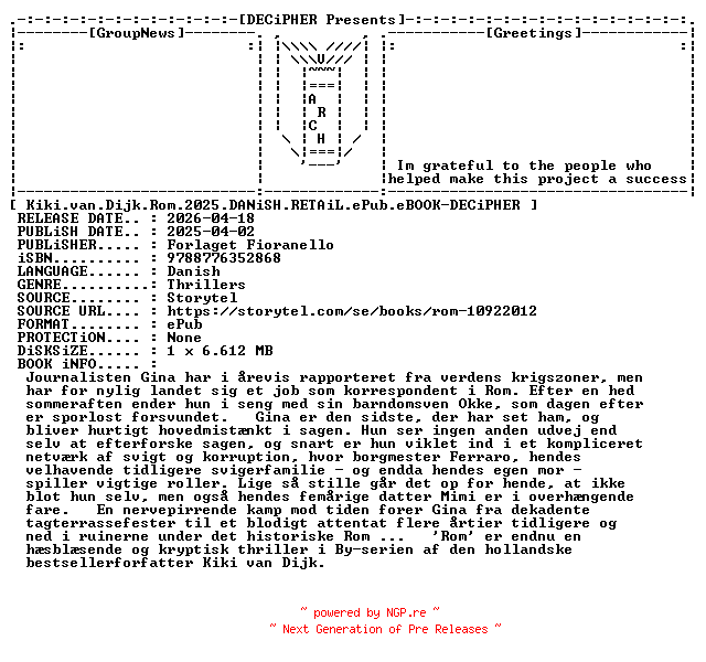 NFO for the release Kiki.Van.Dijk.Rom.2025.DANiSH.RETAiL.ePub.eBOOK-DECiPHER by DECiPHER