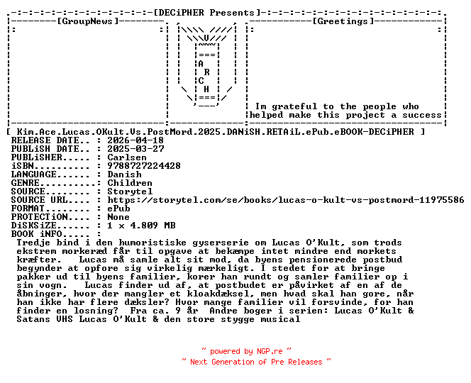 NFO for the release Kim.Ace.Lucas.OKult.Vs.PostMord.2025.DANiSH.RETAiL.ePub.eBOOK-DECiPHER by DECiPHER