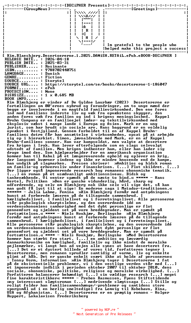 NFO for the release Kim.Blaesbjerg.Desertoererne.1.2025.DANiSH.RETAiL.ePub.eBOOK-DECiPHER by DECiPHER