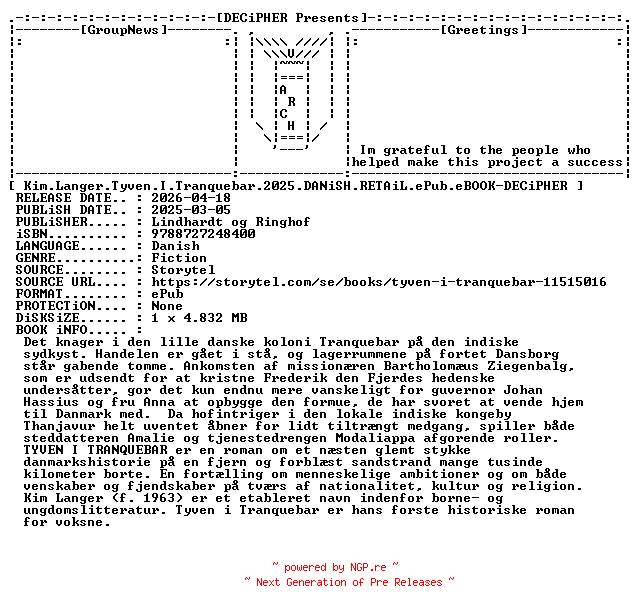 NFO for the release Kim.Langer.Tyven.I.Tranquebar.2025.DANiSH.RETAiL.ePub.eBOOK-DECiPHER by DECiPHER