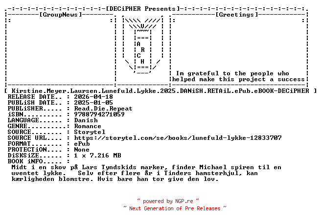 NFO for the release Kirstine.Meyer.Laursen.Lunefuld.Lykke.2025.DANiSH.RETAiL.ePub.eBOOK-DECiPHER by DECiPHER