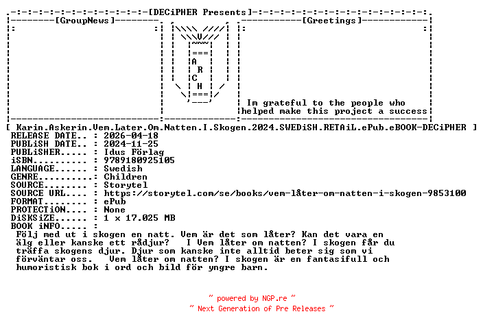 NFO for the release Karin.Askerin.Vem.Later.Om.Natten.I.Skogen.2024.SWEDiSH.RETAiL.ePub.eBOOK-DECiPHER by DECiPHER