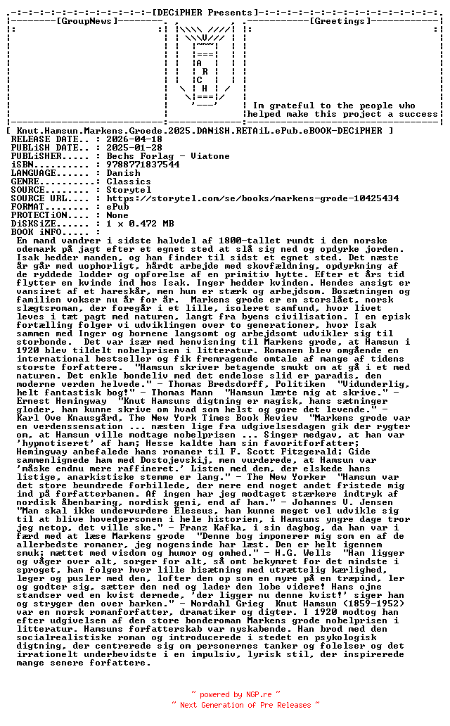 NFO for the release Knut.Hamsun.Markens.Groede.2025.DANiSH.RETAiL.ePub.eBOOK-DECiPHER by DECiPHER