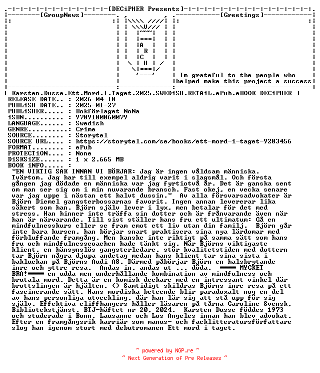 NFO for the release Karsten.Dusse.Ett.Mord.I.Taget.2025.SWEDiSH.RETAiL.ePub.eBOOK-DECiPHER by DECiPHER