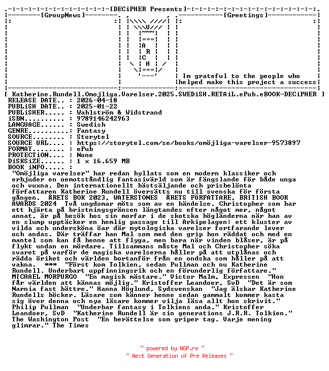NFO for the release Katherine.Rundell.Omojliga.Varelser.2025.SWEDiSH.RETAiL.ePub.eBOOK-DECiPHER by DECiPHER